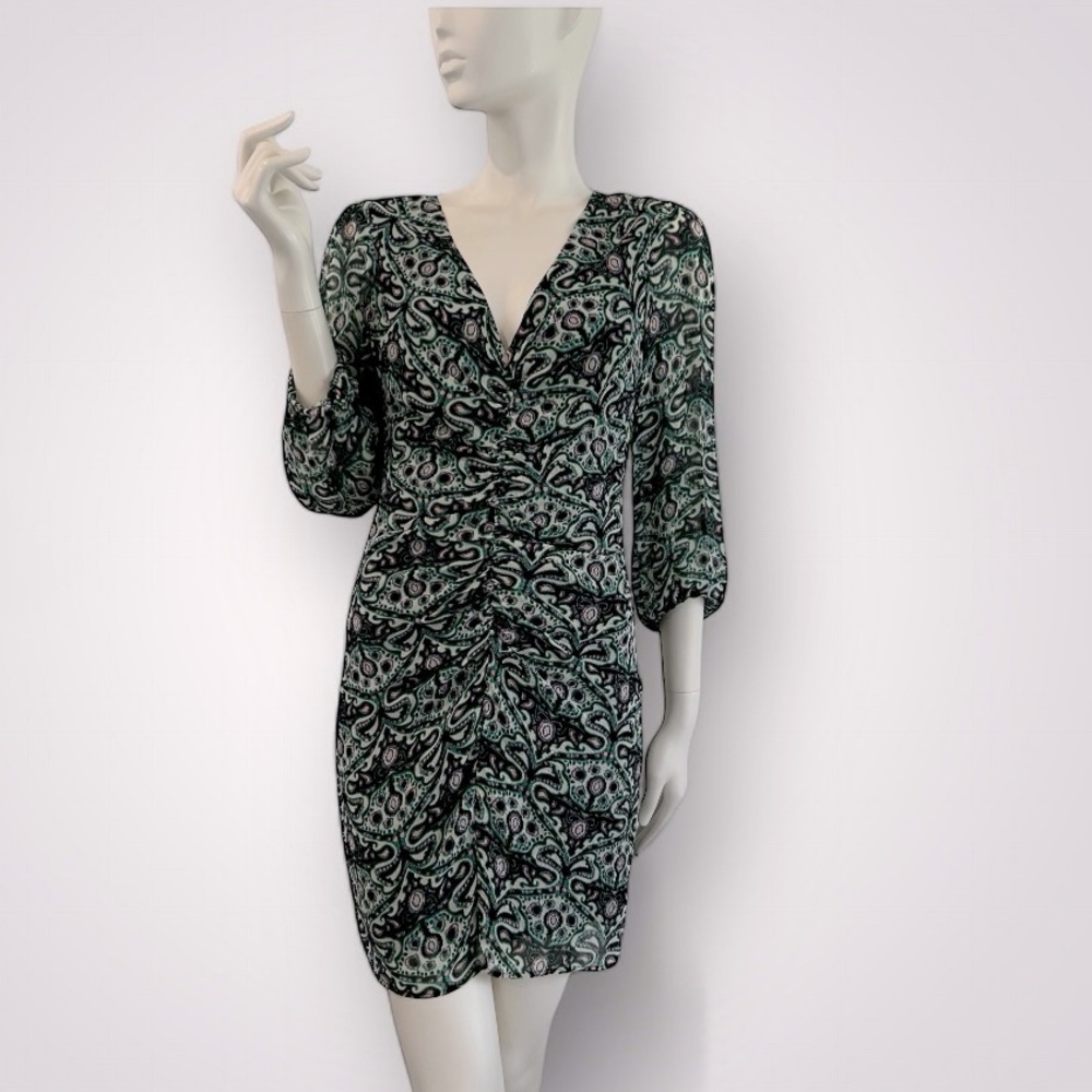 ba&sh Robe Fanny Ruched Front V Neck Viscose Mini Dress - Picture 2 of 16